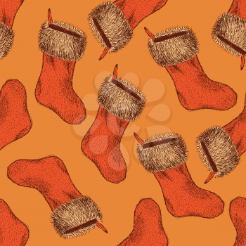 Sketch Christmas stocking in vintage style, vector seamless pattern

