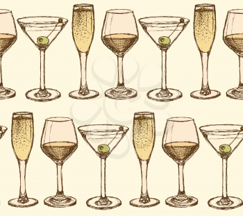 Sketch martini, champagne and wine glass in vintage style, vector seamless pattern

