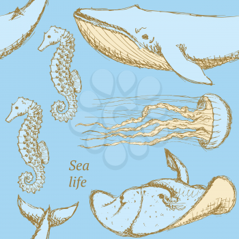 Sketch sea creatures in vintage style, vector seamless pattern

