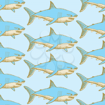 Sketch scary shark in vintage style, vector seamless pattern
