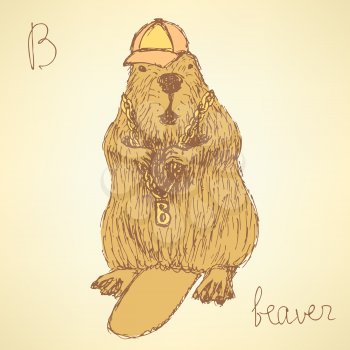Sketch beaver hipster in vintage style, vector