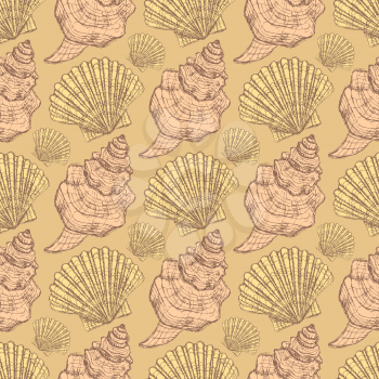 Sketch sea shell in vintage style, vector seamless pattern

