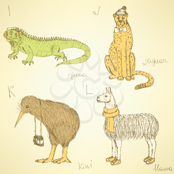 Sketch fancy animals alphabet in vintage style, vector j, k, i, l