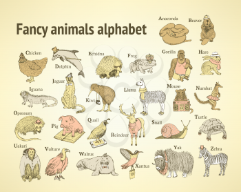 Sketch fancy animals alphabet  in vintage style, vector