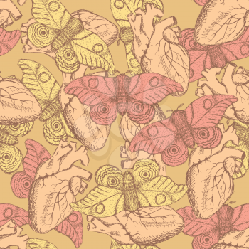 Sketch moth and heart in vintage style, vector seamless pattern