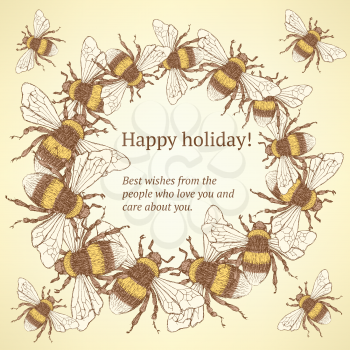 Sketch bumble bee in vintage style, vector background

