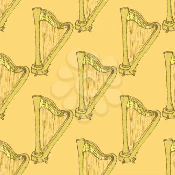 Sketch harp musical instrument in vintage style, vector seamless pattern