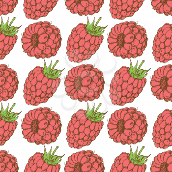 Sketch tasty raspberry in vintage style, vector seamless pattern