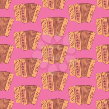 Sketch accordion music instrument in vintage style, vector seamless pattern