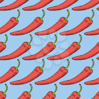 Sketch chilli pepper in vintage style, vector seamless pattern