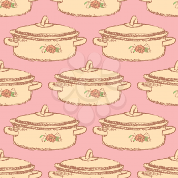 Sketch kitchen pan in vintage style, vector seamless pattern