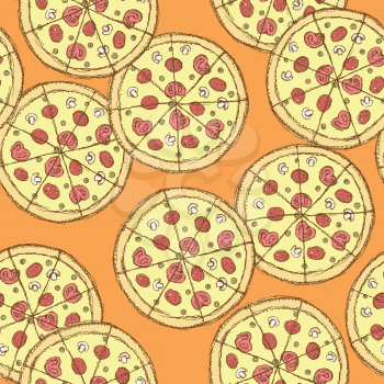 Sketch tasty pizza in vintage style, vector seamless pattern