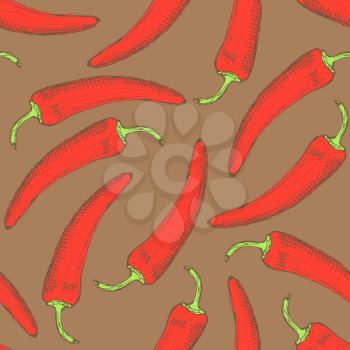 Sketch chilli pepper in vintage style, vector seamless pattern


