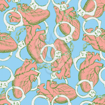  Sketch heart and handcuffs, vector seamless pattern