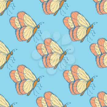Sketch butterfly  in vintage style, vector seamless pattern