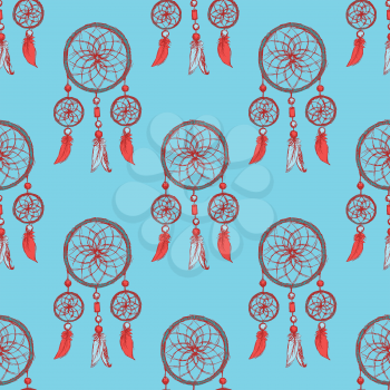 Sketch dream catcher in vintage style, vector seamless pattern