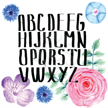 Watercolor alphabet with flowers in vintage style, vector
