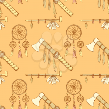 Sketch tomahawk, dream catcher and pipe in vintage style, vector