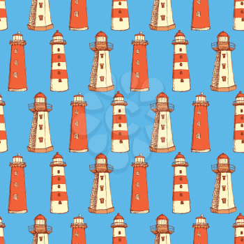Sketch cute lighthouse in vintage style, vector seamless pattern