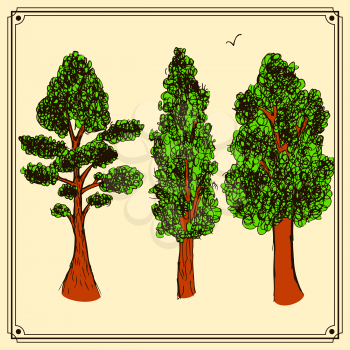 Sketch trees set in vintage style, vector