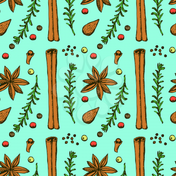 Sketch spices and herbs in vintage style, vector seamless pattern