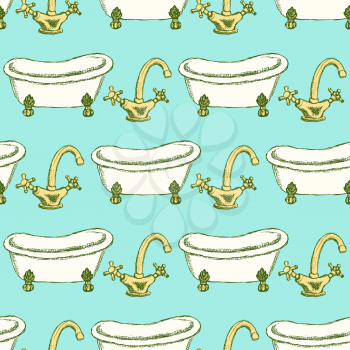 Sketch tap and bathtub in vintage style, vector seamless pattern