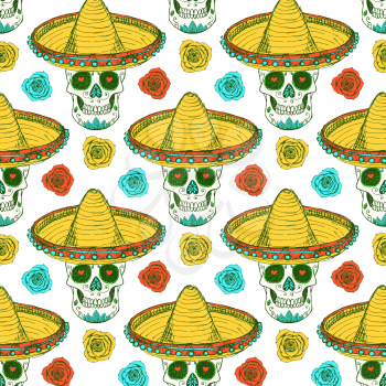 Sketch mexican skull in hat with roses in vintage style, vector seamless pattern
