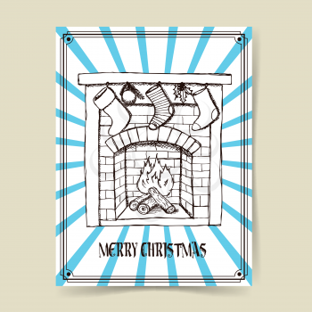 Sketch Christmas fireplace in vintage style, vector poster