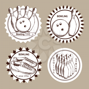 Sketch bowling logotypes in vintage style, vector