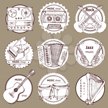 Sketch set of logo with musical instruments and symbols in vintage style, vector
