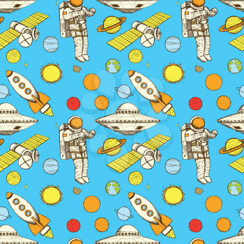 Sketch space in vintage style, vector seamless pattern