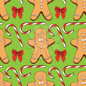 Sketch Chrismas candy with bow and gingerman cookie in vintage style, vector seamless pattern