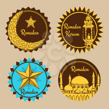 Sketch Ramadan emblems in vintage style, vector set