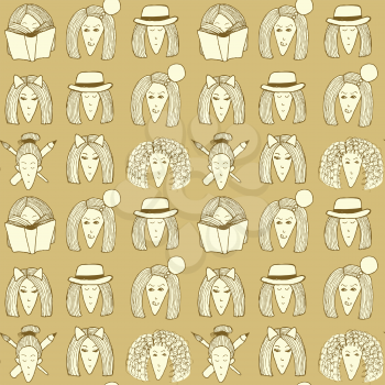 Sketch girls face pattern in vintage style, vector