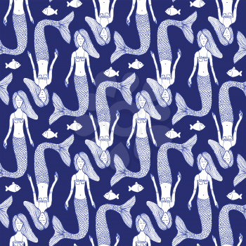 Sketch mermaid and fish pattern in vintage style, vector