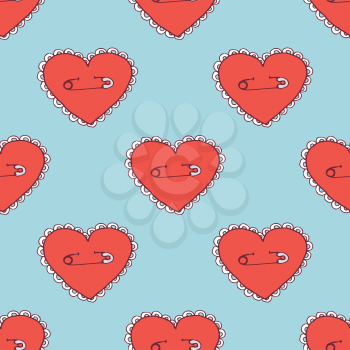 Sketch pinned heart in vintage style, vector seamless pattern