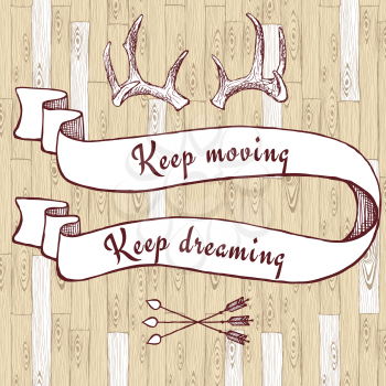 Optimistic poster with ribbon and horns in vintage style, vector
