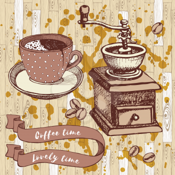 Coffee set with coffee mill and broken cup in vintage style, vector