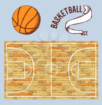 Sketch basketball set with court and ball in vintage style, vector