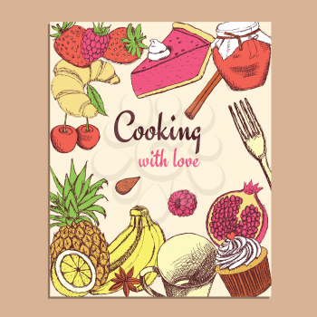 Cooking card with sweets and fruits in vintage style, vector