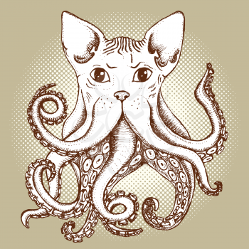 Mixed cat and octopus in vintage style, vector poster