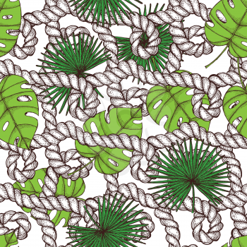 Palm leaves and ropes in vintage style, vector seamless pattern. Engraved ropes with swirls and two types of palm leaves.