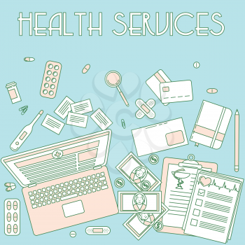 Health services, online doctor support. Medical working table, top view.