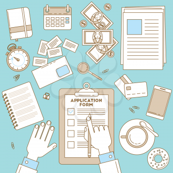 Job application form. Top view business illustration with hands