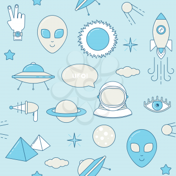 Alien seamless pattern. Line design UFO, astronaut, planets sticker patches