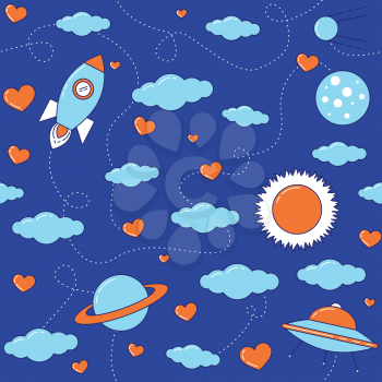 I love you to the Moon and back seamless pattern with rocket, UFO spaceship, planets, clouds and hearts.