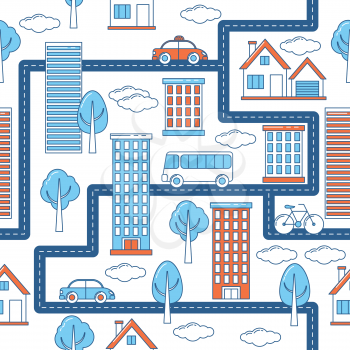 Buildings, vehicles, roads and trees pattern. Line design city pattern with skyscrapers, cars and bicycle 