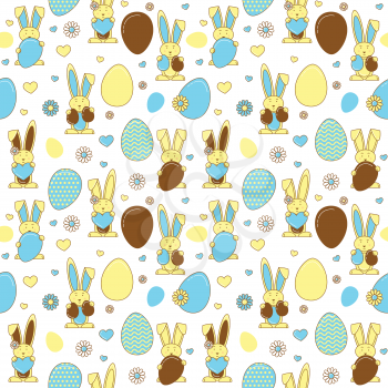 Easter eggs and rabbits,  Easter vector seamless pattern. Colorful line design with flowers and hearts.