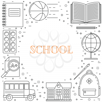 Back to school illustration, line art design, school bus, books and sport