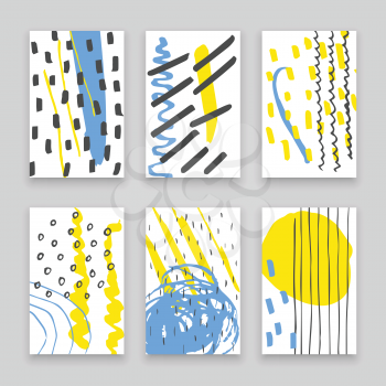 Hand drawn doodle  cards with abstract ink patterns. Lines, swirls, paint spots, colorful  background design